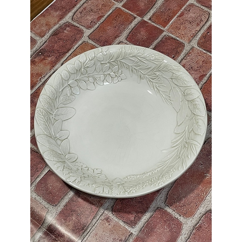 Williams Sonoma Herb Serving Bowl Embossed Botanical Cream Stoneware Italy 13in